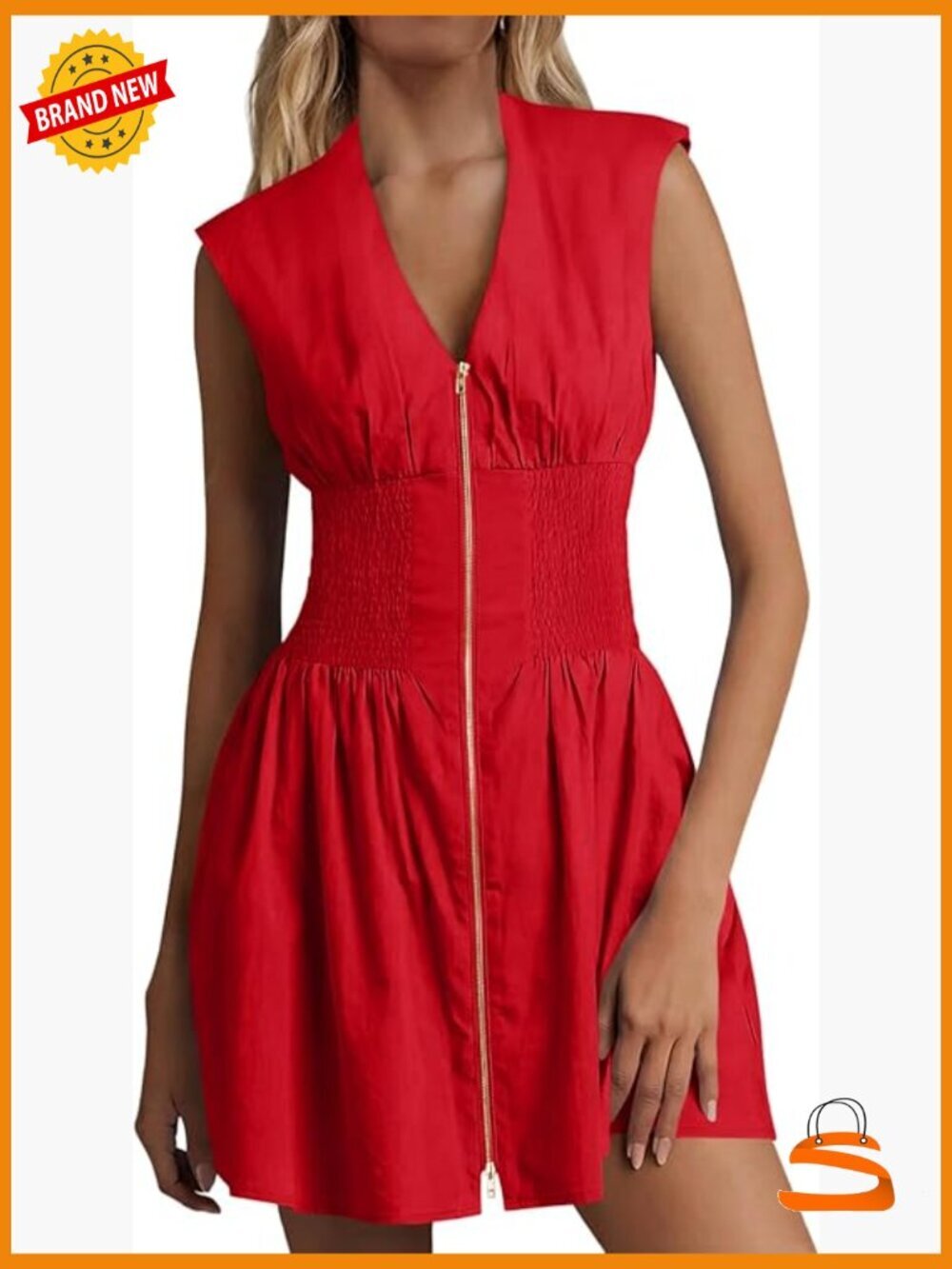 Sleeveless Zip Front V Neck Utility Mini Dress with Pockets